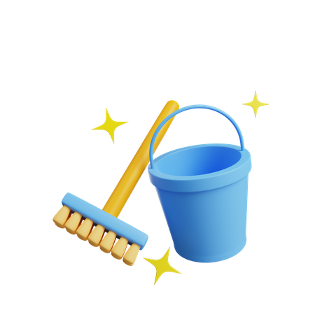 Cleaning Bucket And Broom 3D Illustration