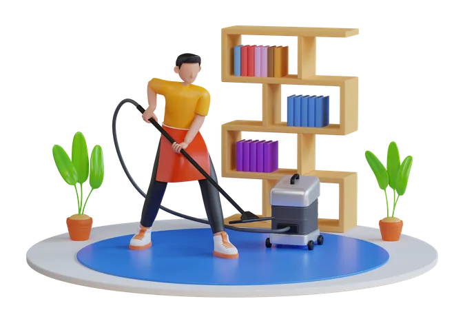 Cleaning service man with vacuum cleaner  3D Illustration