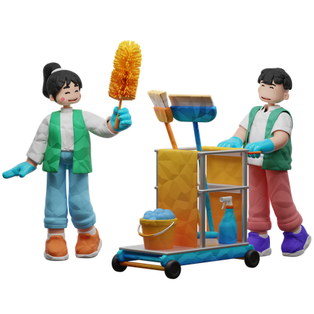 Cleaning Team With Professional Equipment  3D Illustration