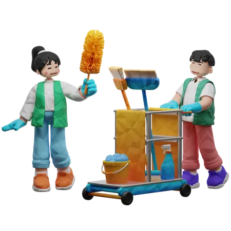 Cleaning Team With Professional Equipment  3D Illustration