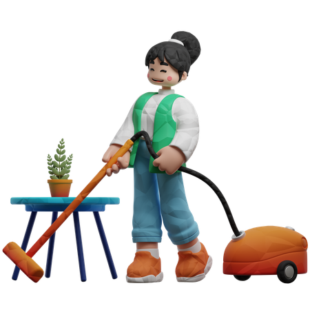 Cleaning Worker Cleaning Floor With Vacuum Cleaner  3D Icon