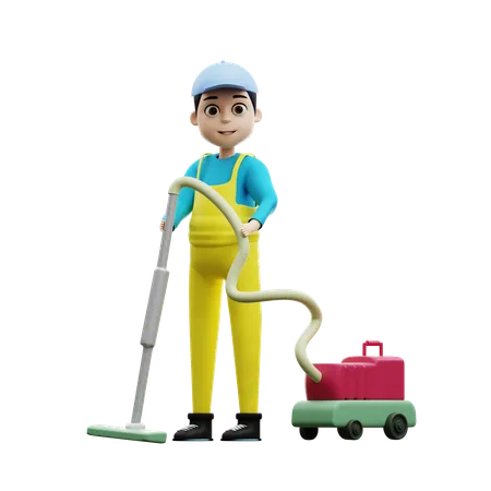 Cleaning Worker Doing Vacuum Cleaning Clean Floor At Home  3D Illustration