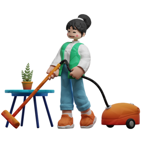 Cleaning Worker Cleaning Floor With Vacuum Cleaner  3D Illustration