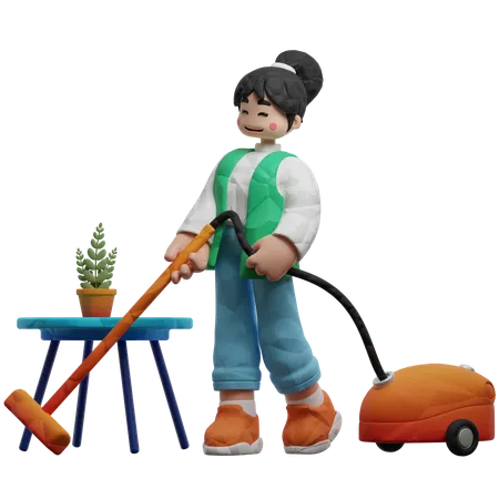 Cleaning Worker Cleaning Floor With Vacuum Cleaner  3D Illustration