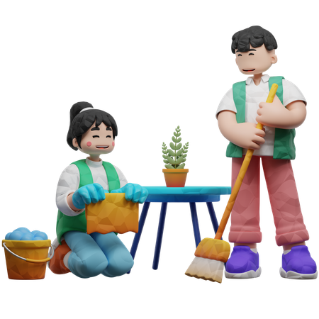 Cleaning Worker With Bucket And Broom  3D Icon