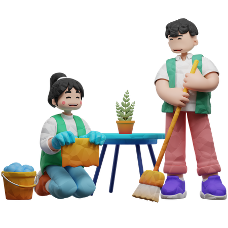 Cleaning Worker With Bucket And Broom  3D Illustration