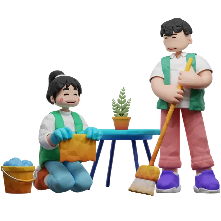 Cleaning Worker With Bucket And Broom  3D Illustration