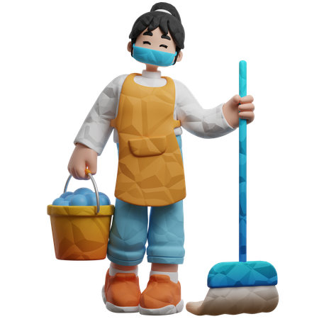 Cleaning Worker With Bucket And Broom  3D Illustration