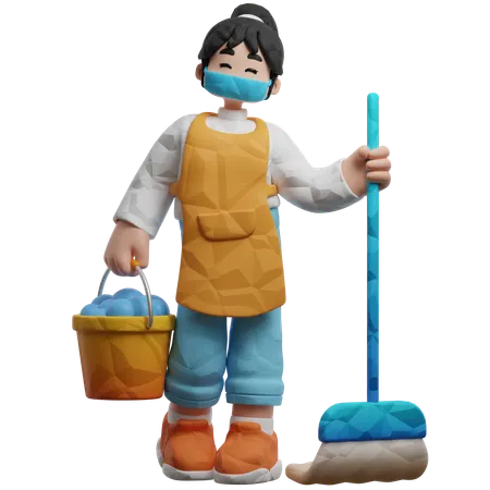 Cleaning Worker With Bucket And Broom  3D Illustration