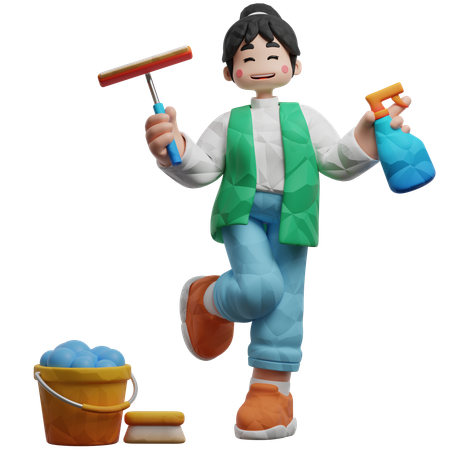 Cleaning Worker With Cleaning Equipment  3D Icon