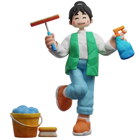 Cleaning Worker With Cleaning Equipment  3D Illustration