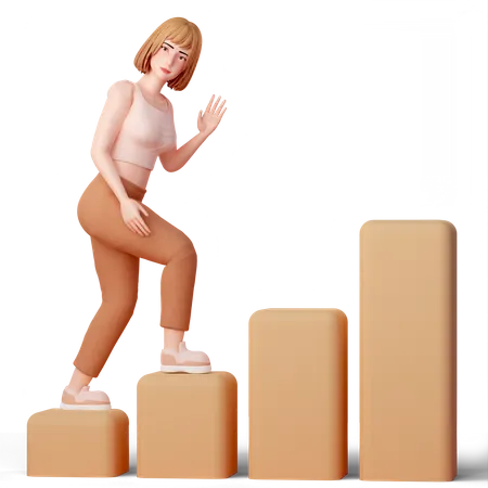 Climbing to Success Young Woman Scaling a Graph 3D Illustration
