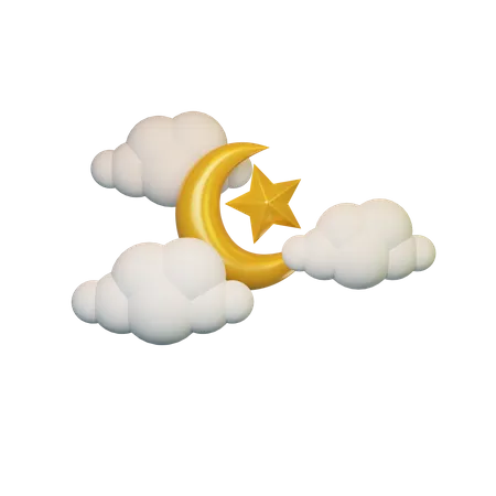Cloud Crescent And Star  3D Illustration