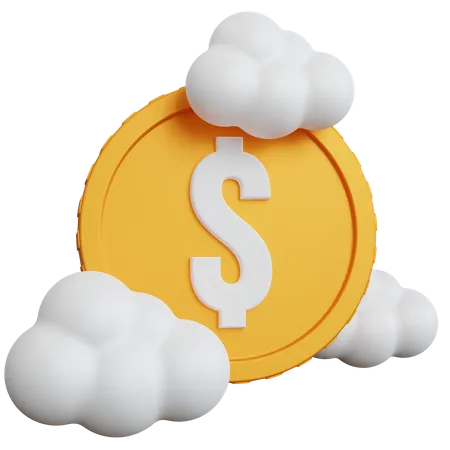 3 D Rendering Yellow Coin Dollar With Three White Clouds Isolated 3D Icon