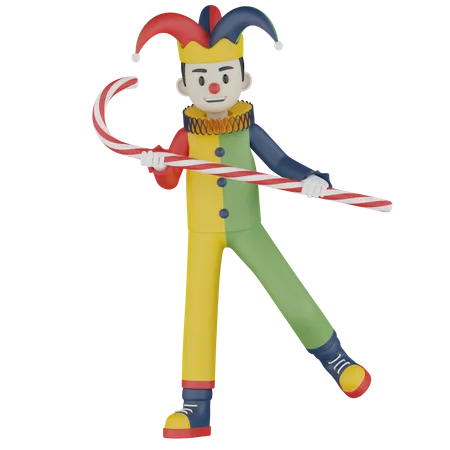 Clown tritt mit Stock auf  3D Illustration