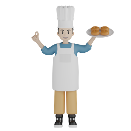 Cocinero masculino mostrando un gesto agradable mientras sostiene un plato de donuts  3D Illustration