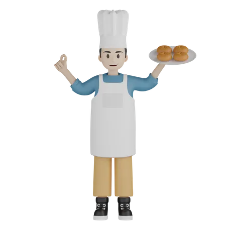 Cocinero masculino mostrando un gesto agradable mientras sostiene un plato de donuts  3D Illustration