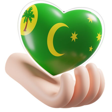 Cuidados com as mãos e coração com bandeira das Ilhas Cocos Keeling  3D Icon