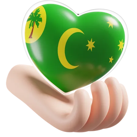 Cuidados com as mãos e coração com bandeira das Ilhas Cocos Keeling  3D Icon
