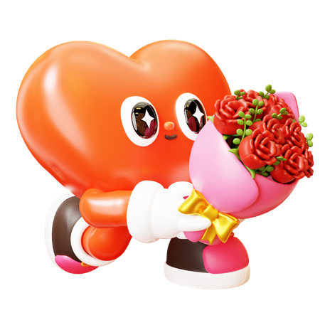 Caractère De Coeur Donnant Un Bouquet De Roses  3D Illustration