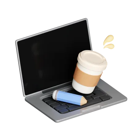 3 D Computer Laptop With Pencil And Coffee Cup Cartoon Design Illustration Isolated On Pastel Background Icon Symbol Clipping Path Education 3 D Render Illustration 3D Icon