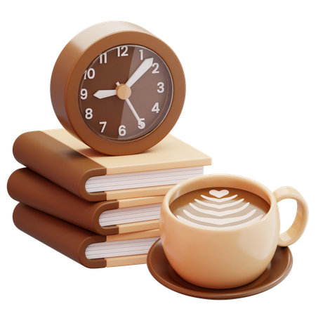 Coffee Cup And Clock With Books  3D Icon
