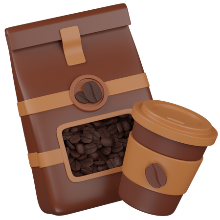 コーヒーカップとコーヒー豆の袋  3D Icon