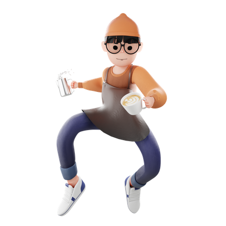 Coffee guy with coffee cup and kettle 3D Illustration