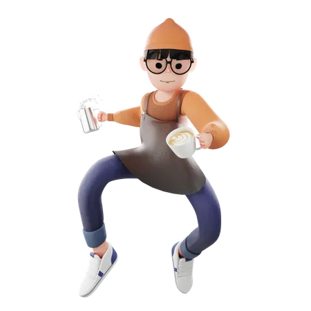Coffee guy with coffee cup and kettle 3D Illustration