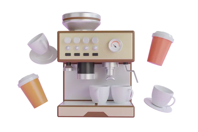 Coffee Machine Coffee Shop 3 D Render Digital Illustration Of A Coffee Maker Front View Of A Brown Coffee Machine Brewing Espresso In Two Glasses 3 D Rendering 3D Illustration