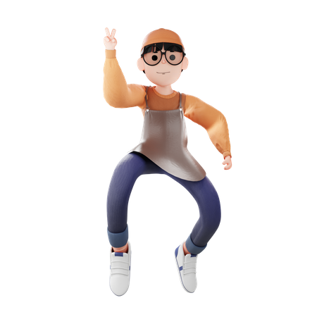 Coffee Man doing victory sign 3D Illustration