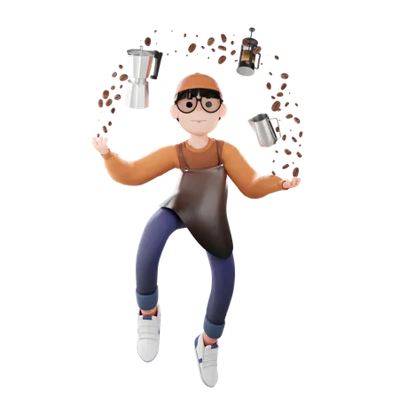 Coffee Man with coffee making materials  3D Illustration