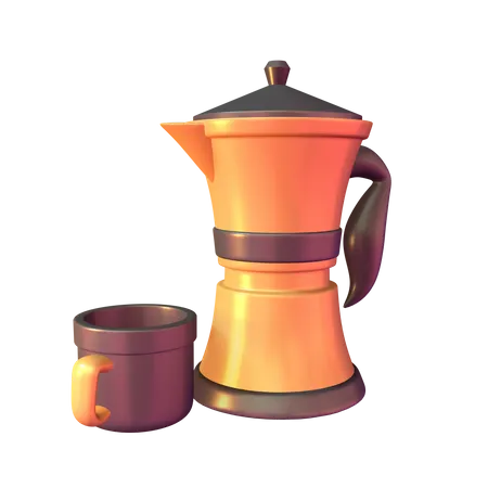 Experience The Aroma Of The Outdoors With This 3 D Illustration Of Brewing Coffee In A Pot And Mug 3D Icon