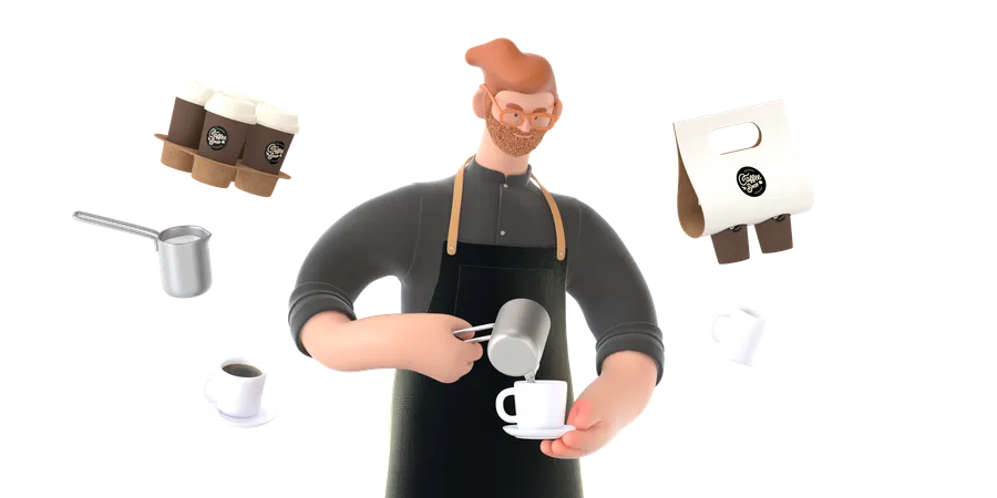 Coffee shop owner making coffee  3D Illustration