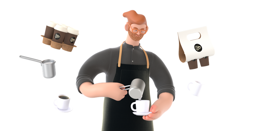 Der Besitzer eines Cafés kocht Kaffee  3D Illustration