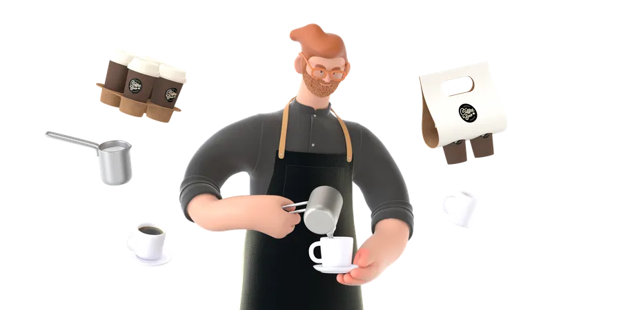 Der Besitzer eines Cafés kocht Kaffee  3D Illustration