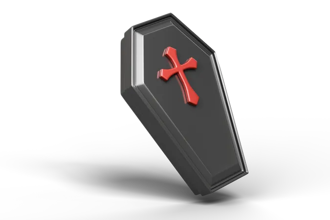 3 D Black Coffin Cartoon Icon The Coffin Lid With Red Christian Cross Isolated On Transparent Holiday Halloween Elements Cartoon Festival Icon 3 D Rendering Illustration 3D Icon