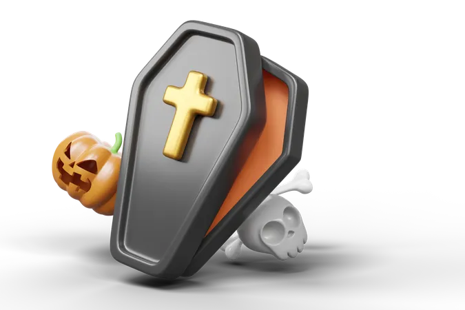 3 D Black Coffin Cartoon Icon The Coffin Lid Is Open With Pumpkin Skull Bone Gold Christian Cross Isolated On Transparent Holiday Halloween Elements Cartoon Festival Icon 3 D Rendering 3D Icon