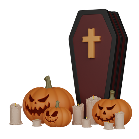 Coffin with pumpkin and candle 3D Icon