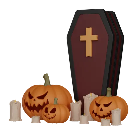 Coffin with pumpkin and candle  3D Icon