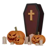 Coffin with pumpkin and candle