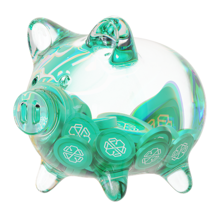 Cofrinho de vidro transparente Chsb com pilhas decrescentes de moedas criptográficas  3D Icon