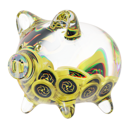 Cofrinho de vidro transparente Leo com pilhas decrescentes de moedas criptográficas  3D Icon