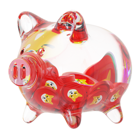 Cofrinho de vidro transparente Shib com pilhas decrescentes de moedas criptográficas  3D Icon