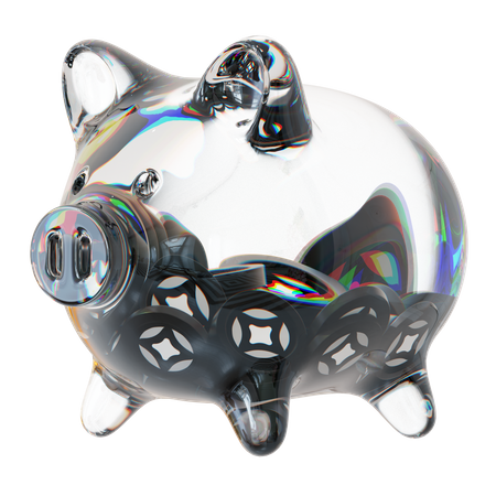 Cofrinho de vidro transparente Stg com pilhas decrescentes de moedas criptográficas  3D Icon