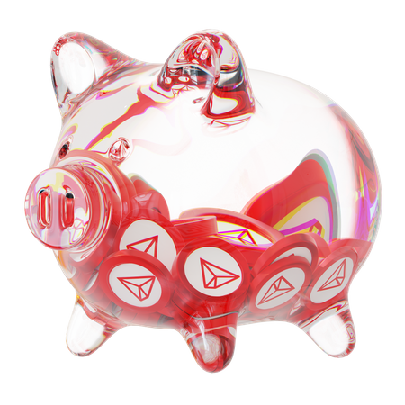 Cofrinho de vidro transparente Trx com pilhas decrescentes de moedas criptográficas  3D Icon