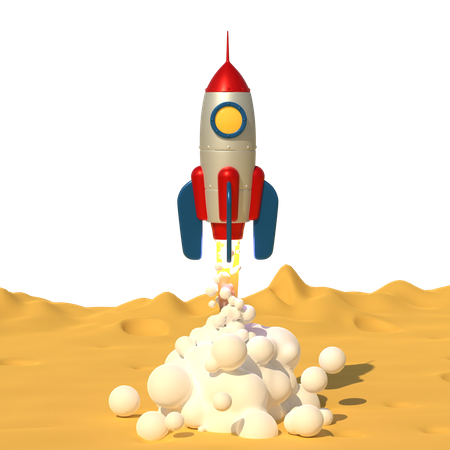 Cohete despega con humo de la superficie del planeta Luna  3D Illustration