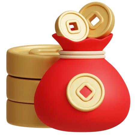 This 3 D Icon Of A Bag Filled With Gold Coins Represents Prosperity And Is Ideal For Projects Related To Chinese New Year And Cultural Celebrations 3D Icon