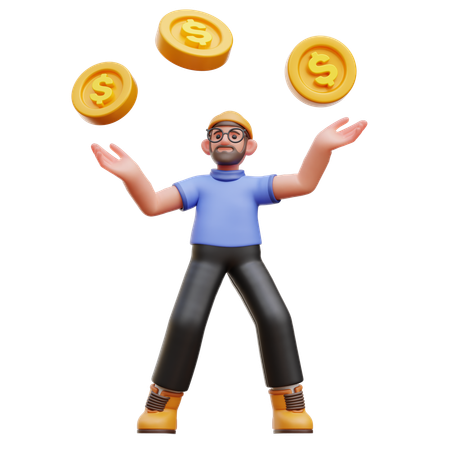 Coins Fall On Man  3D Illustration
