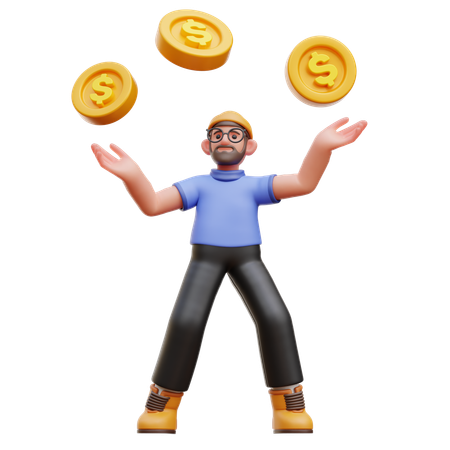 Coins Fall On Man  3D Icon